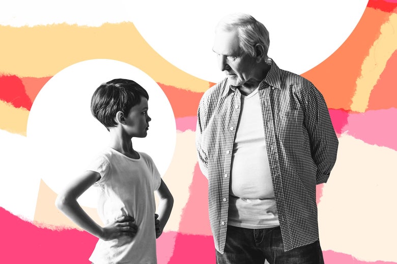 A grandfather talks with his grandson.